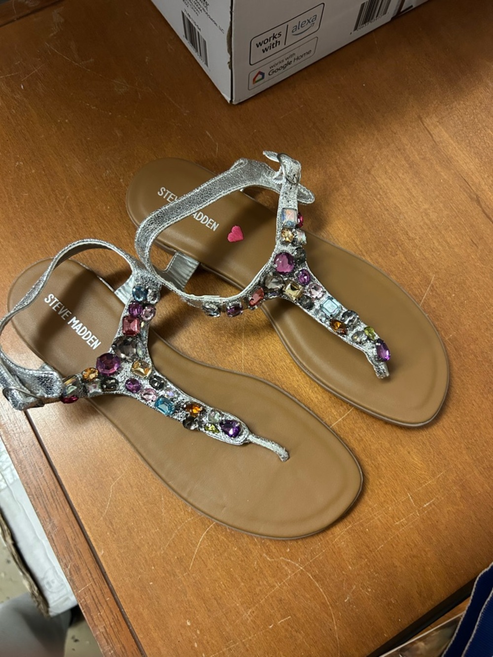 Steve Madden Silver T-Strap Sandals with Multi-Colored Gem Accents